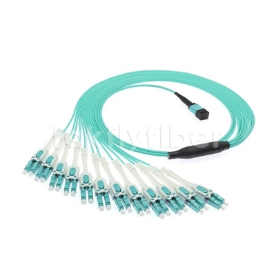 24 F MPO-LC Uniboot OM3 Fiber Patch Cord 12x LC DX Sempurna untuk Jaringan Besar