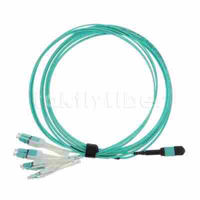 Kabel Patch Cord Fiber Optik MPO ke LC Uniboot OM3, Fiber MMF 8-inti, Untuk Transceiver QSFP+