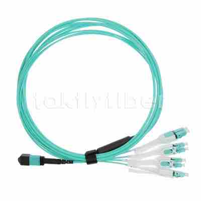 Kabel Patch Cord Fiber Optik MPO ke LC Uniboot OM3, Fiber MMF 8-inti, Untuk Transceiver QSFP+