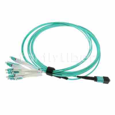 Kabel Patch Cord Fiber Optik MPO ke LC Uniboot OM3, Fiber MMF 8-inti, Untuk Transceiver QSFP+