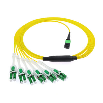 12-Fiber MPO/MTP ke 6-Port LC APC Uniboot Breakout Patch Cord. OS2 Mode Tunggal. Konfigurasi Duplex DX.