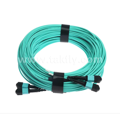 24-Core MPO/PC Mini Trunk Patch Cord OM3 Multimode, 2×MPO Input to 2×MPO Output, Low Insertion Loss, untuk Data Center Densitas Tinggi & 40G/100G SR4