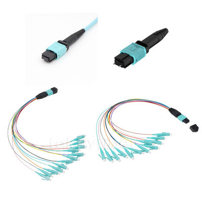 12/24 Cores MPO ke LC Harness Fiber Cable MPO Patch Cord, OM3, Aqua