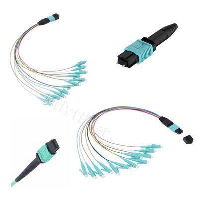 12/24 Cores MPO ke LC Harness Fiber Cable MPO Patch Cord, OM3, Aqua
