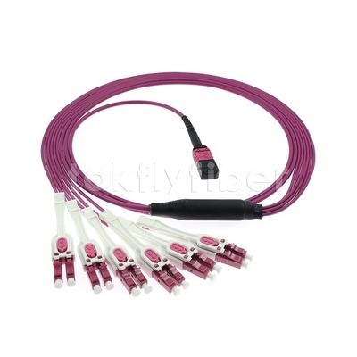 12F MPO Ke 6 LC Duplex Uniboot Fiber Optic Trunk Cable MM OM4 Untuk Kabel Jaringan