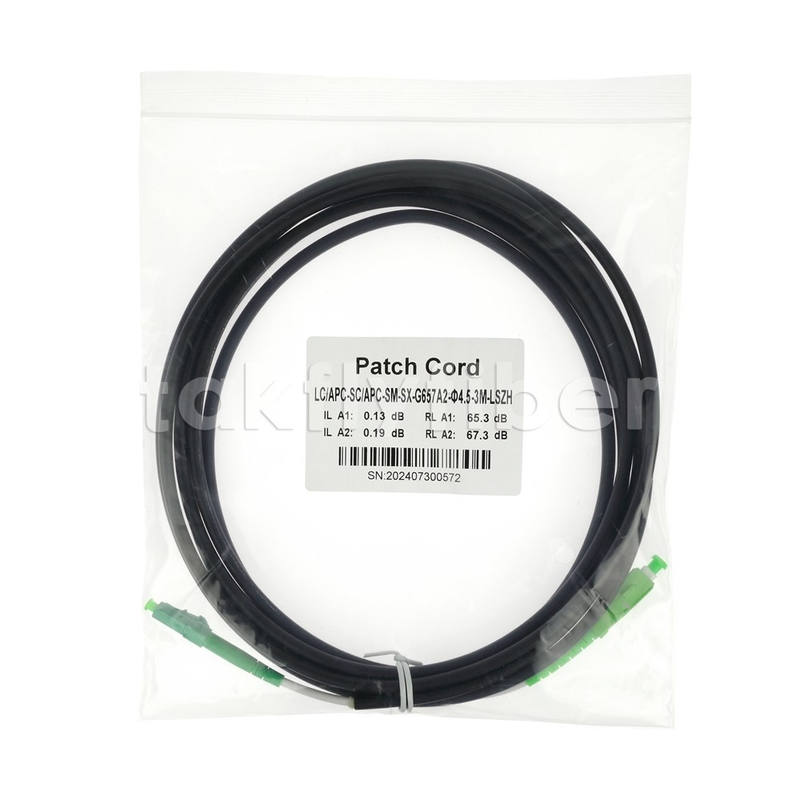 Telecom Grade CPR Dca Bersertifikat 4.5mm Double Shealth Fiber Optic Patchcord SM G657AB3 LSZH Black Jacket SCAPC ke LCAPC