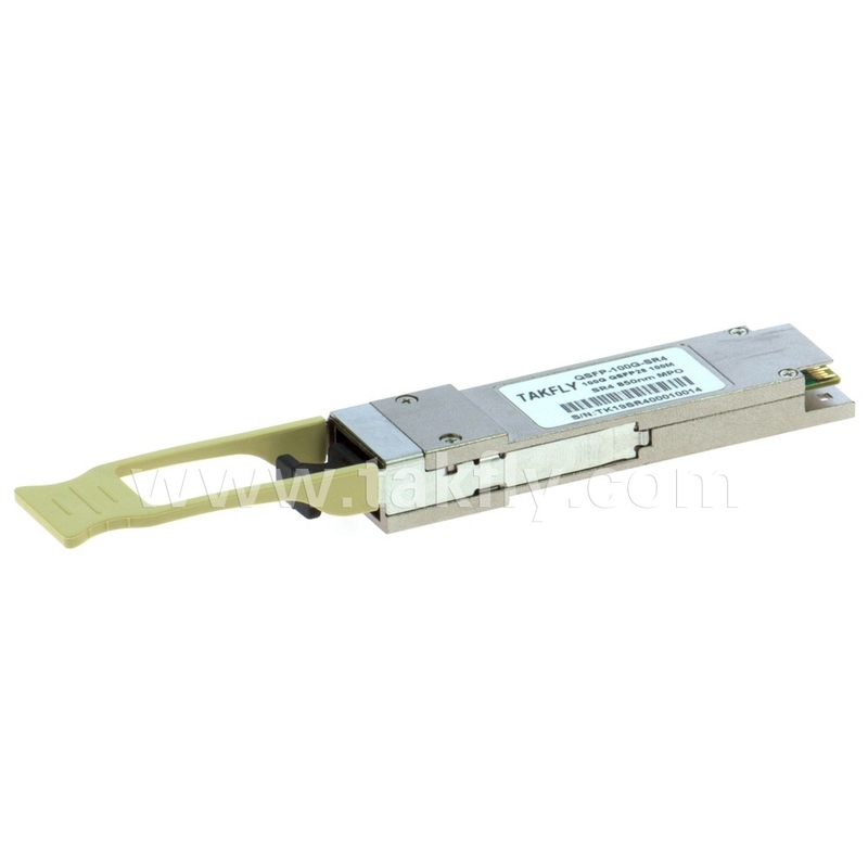 100Gbps QSFP28 SR4 850nm 100m MPO dengan DDM Transceiver Hingga 27.952 Gbps Tingkat data per saluran
