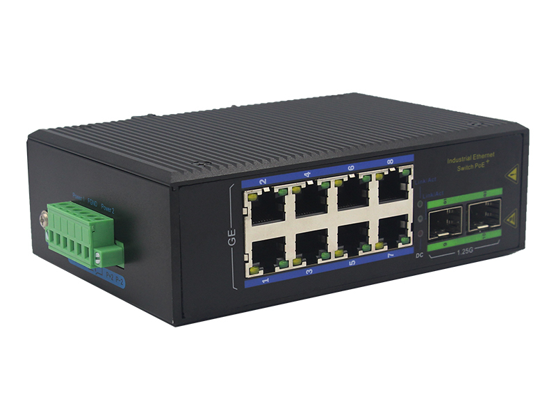 8-Port Industrial Gigabit POE Switch dengan 2 SFP Slots DIN-Rail Mount