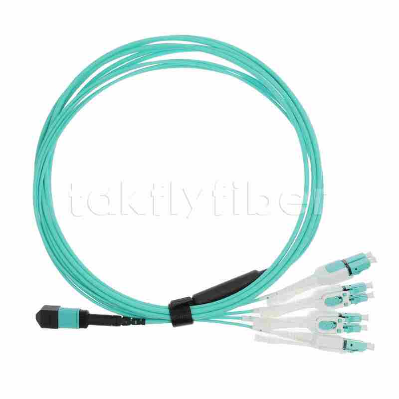 Kabel Patch Cord Fiber Optik MPO ke LC Uniboot OM3, Fiber MMF 8-inti, Untuk Transceiver QSFP+