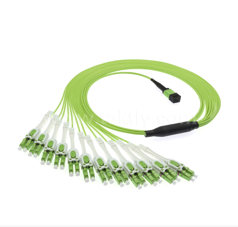 MPO/MTP ke LC Uniboot Breakout Patch Cord OM5 Multimode, 1×24, Konektor LC Uniboot hemat ruang, untuk Pusat Data Densitas Tinggi & 40G/100G/400G