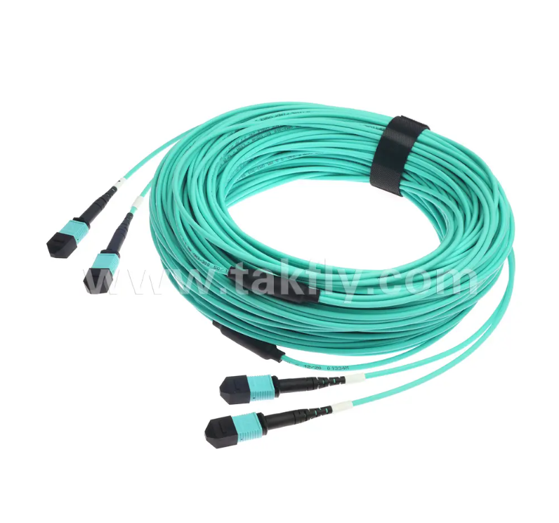 24-Core MPO/PC Mini Trunk Patch Cord OM3 Multimode, 2×MPO Input to 2×MPO Output, Low Insertion Loss, untuk Data Center Densitas Tinggi & 40G/100G SR4
