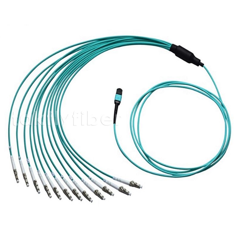 MPO LC Duplex Breakout Cable OM4 12 Fiber 50/125um Fiber Optic Patch Cable untuk Data Center dengan Densitas Tinggi